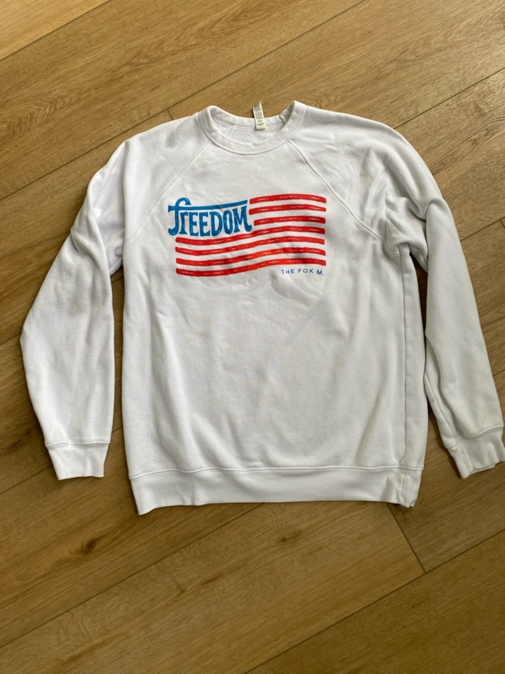 White Crewneck with Red and Blue Freedom Graphic